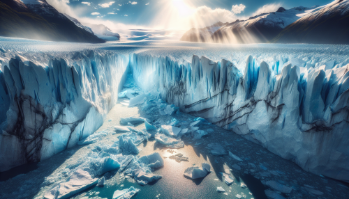 A massive glacier begins to crack and collapse under the sunlight, with enormous ice chunks crashing into the sea below. The blue-and-white ice shimmers under the light, displaying nature’s cold beauty and sheer power.