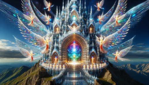 A grand temple made of shimmering crystal, perched atop a mountain. Beams of light cascade through its arches, and a radiant energy pulses at its heart, guarded by angelic figures.