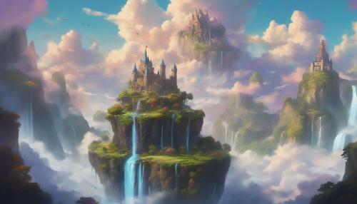 A floating island suspended in the sky, surrounded by vibrant clouds and waterfalls cascading into the void below. A majestic castle crowns the island, with flying creatures soaring around it.