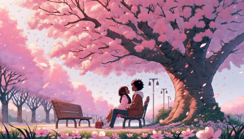 An anime-style park during cherry blossom season, with pink petals gently falling and a couple sharing a quiet moment under a blooming sakura tree.