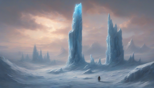 Amidst the desolate frozen tundra, an icy monolith pierces the sky, radiating an otherworldly glow, foretelling a catastrophic reckoning as the earth shatters beneath its frosty spires.