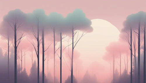 Minimalist illustrations of towering trees with subtle gradients, set against a soft, pastel sky, evoking a sense of serenity and wonder in a mystical, flat-designed realm.