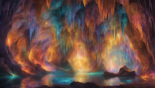 Ethereal luminescence dances across cavern walls, as vibrant symbols weave a mystical tapestry, echoing an otherworldly language, within the shimmering depths of the luminescent caves.