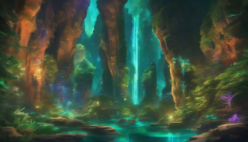 Envision a breathtaking scene where a lush, vibrant canyon intertwines with sleek, futuristic technology. Towering cliffs draped in emerald foliage cradle shimmering holographic waterfalls cascading into crystalline pools. Bioluminescent plants illuminate the rocky paths while drones flit gracefully above, their soft glow illuminating ancient stone carvings. This enchanting fusion captures the delicate balance between nature's beauty and technological advancement.