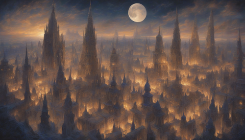 In the City of Eternal Night, whispered mantras weave a mystical aura, as moonlit spires pierce the shadows, guiding seekers through a labyrinth of spiritual discovery and inner illumination.