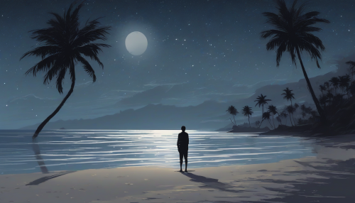 A shimmering moonlit coastline, with gentle waves and silhouetted palm trees, as a lone figure stands at the water's edge, lost in contemplation, with a mix of melancholy and wonder etched on their face, under a star-studded night sky.