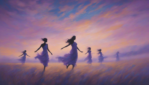 Imagine a vast, ethereal landscape where wispy clouds swirl under a twilight sky, creating a backdrop of soft purples and blues. Silhouettes of graceful figures dance across the undulating, wind-kissed plains, their forms starkly contrasted against the luminous horizon. Each silhouette captures the essence of freedom and serenity, embodying the spirit of the astral winds whispering secrets of the cosmos.