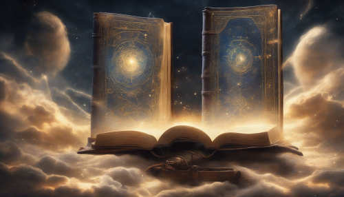 A mystical, dreamlike scene unfolds with swirling clouds, shimmering stars, and a radiant beam of light illuminating an ancient, leather-bound book, its pages filled with cryptic symbols and forecasts of a catastrophic future, foretelling the destiny of a world on the brink of transformation.