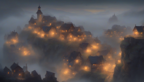 Perched on a rugged cliffside, a quaint village emerges from the fog, its pixelated roofs and chimneys peeking through the mist, as lanterns and fires glow warmly, inviting all to step into this mystical, dreamlike world, wrapped in an eternal, eerie haze.