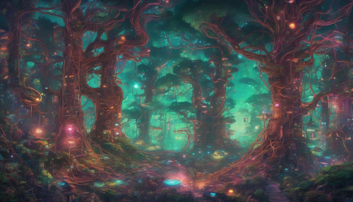 In a realm where technology and nature converge, an ancient forest thrives with neon-lit trees, their branches tangled with circuits and wires, as robots and mythical creatures roam beneath a sky of swirling code and starlight.