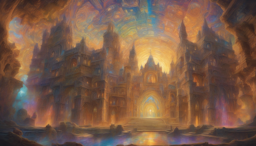 A grand, ancient castle floats majestically within a swirling, multicolored time vortex. Its stone walls shimmer with intricate religious carvings, beams of light streaming through stained glass windows that depict celestial scenes. Time itself bends around this mystical structure, creating a dazzling interplay of light and shadow, while ghostly figures of monks drift through the vibrant temporal haze.