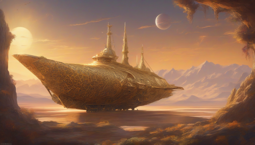 In a vast, desolate landscape, an ancient starship lies abandoned, its metallic hull adorned with intricate Islamic geometric patterns. The sun sets behind distant mountains, casting warm golden hues that dance on the ship's surfaces. Vines and flowers intertwine with the forgotten technology, creating a striking fusion of nature and art that invites exploration and reflection.