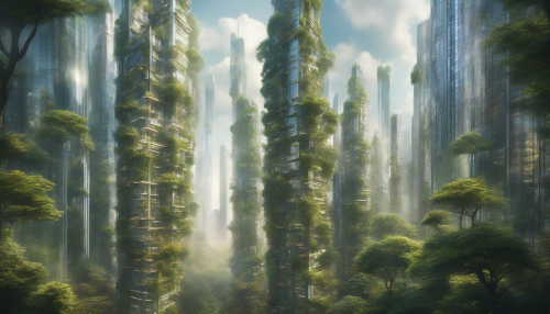 Gleaming skyscrapers rise from an ancient, vibrant forest, where trees intertwine with steel and glass, as nature and modernity blend in perfect harmony, creating a breathtaking cityscape of wonder.