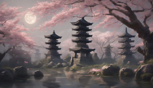 A serene, moonlit landscape of ancient, ruined colossi amidst a tranquil Japanese garden, with cherry blossoms and traditional lanterns gently swaying, as if nature is reclaiming the forgotten giants in a beautiful, haunting dance of time and decay.