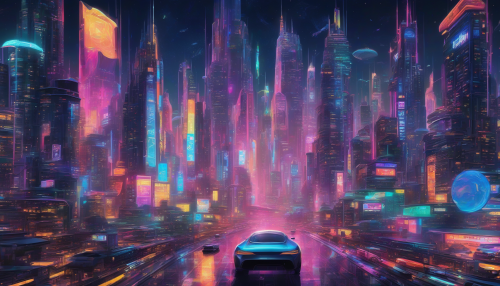 A sleek, neon-lit metropolis with towering skyscrapers, flying cars, and holographic advertisements, set against a dark, starry night sky with a sense of vibrant energy and endless possibility.