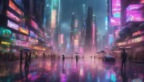 A futuristic cityscape unfolds with sleek skyscrapers, neon lights reflecting off wet pavement, and humans intertwined with holographic advertisements, as rain pours down in a mesmerizing dance of technology and nature.