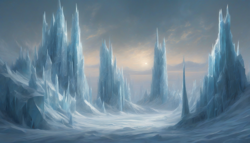 In the unforgiving expanse of the frozen tundra, colossal ice spires pierce the sky, their crystalline facets glinting like a thousand shards of splintered moonlight, as the icy landscape stretches towards the horizon, shrouded in an eternal, eerie silence.