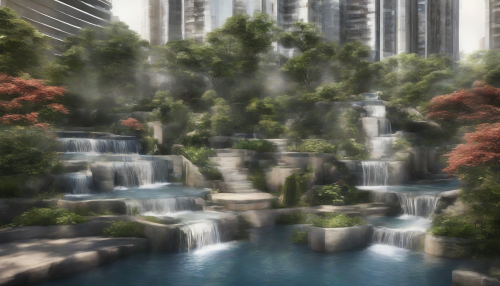 Amidst the urban bustle, a serene waterfall cascades, its melodic voice weaving a soothing harmony with the city's vibrant rhythm, creating a tranquil retreat where nature and city life blend in perfect symphony.