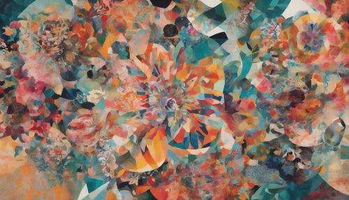 A kaleidoscope of colors, textures, and patterns blend in a mesmerizing collage, with swirling abstract shapes, delicate florals, and bold geometric forms, evoking a sense of dynamic energy and creative freedom.