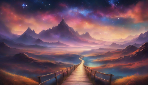 An elevated, glowing pathway stretches across a serene landscape, connecting two distant mountains under a vibrant, starry sky, as misty clouds swirl beneath, creating an otherworldly ambiance of wonder and magic.