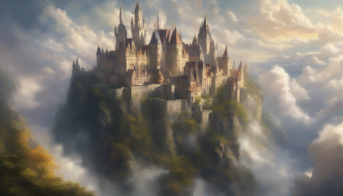 Amidst swirling clouds, a majestic castle floats, its turrets and spires reaching for the heavens, symbolizing the boundless aspirations of the human spirit, as radiant light dances across its ethereal facade, evoking a sense of wonder and enchantment.