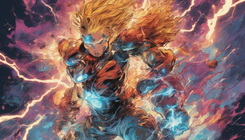 Vibrant comic art meets turbulent electric storm fields, as bolts of lightning illuminate dynamic characters amidst swirling clouds of energetic particles, crackling with electrifying force.