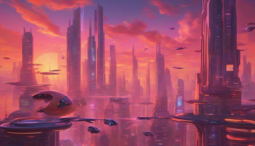 A futuristic cityscape at sunset with sleek skyscrapers, neon lights, and flying cars zipping by, set against a warm orange and pink sky with a few fluffy clouds, evoking a sense of dynamic energy and limitless possibility.