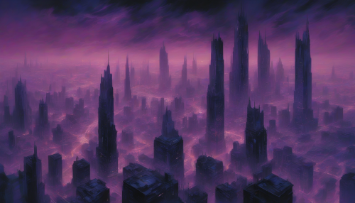 A dark metropolis sprawls across the canvas, swirling clouds of indigo and purple hues, as towering skyscrapers melt into the shadows, their peaks hidden in an endless, starless night, evoking a sense of mystery and intrigue.