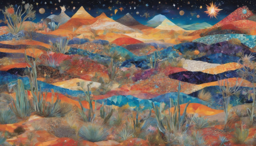 Imagine a vast desert landscape under a sparkling night sky, where the dunes are stitched together with vibrant collage elements—fragments of colorful textiles, shimmering mosaics, and ethereal light patterns. The stars twinkle like diamonds, casting a magical glow over the surreal scene, as native flora and fauna emerge from the collage, creating a whimsical interplay between nature and art.