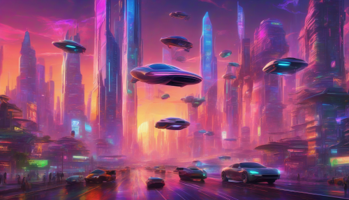 A futuristic metropolis with sleek skyscrapers, holographic advertisements, and flying cars zipping through the sky, set against a backdrop of a vibrant, neon-lit dusk with a sense of dynamic energy and endless possibility.