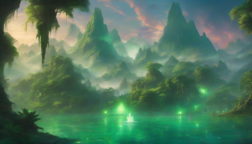 A mythical scene unfolds at the heart of an emerald lagoon, where ancient spirits dance across the shimmering surface. Lush, verdant foliage hugs the water's edge, and glowing orbs float above, illuminating the twilight. In the distance, majestic peaks rise, shrouded in mist, as the air hums with magic, inviting explorers to uncover its hidden legends and untold mysteries.