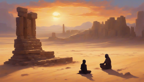 In a tranquil desert landscape, ancient stone ruins rise mysteriously from the golden sands, bathed in the soft light of a setting sun. Silhouetted against the vibrant sky, a meditative figure sits cross-legged among the remnants of lost civilizations, embodying a deep connection to the earth and spirit. Here, time stands still, inviting reflection and peace.