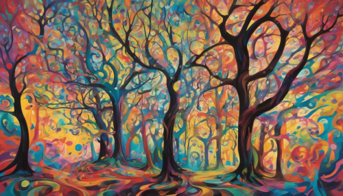 A colorful, surreal forest comes alive with bold, pop-art trees, whispering leaves, and swirling patterns, inviting the viewer into a fantastical realm of nature and art, where colors dance and shapes converge in harmony.