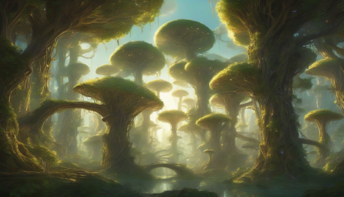 In a mystical realm, ancient trees with glowing bark pierce the sky, their canopies hiding ruins of futuristic cities, where vines and circuits intertwine, and the soft glow of luminescent mushrooms illuminates the paths of a long-lost fusion of technology and nature.