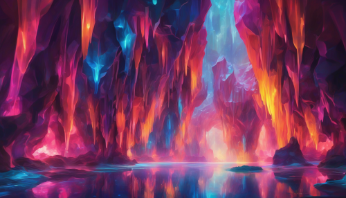 Dive into a mesmerizing landscape where bold, angular structures of futurism merge seamlessly with the enchanting glow of luminescent caves. Vibrant colors emanate from bioluminescent formations, casting ethereal light on sleek, metallic surfaces. As you explore this otherworldly realm, the air sparkles with energy, and the sound of cascading water echoes, inviting you deeper into this luminous adventure.