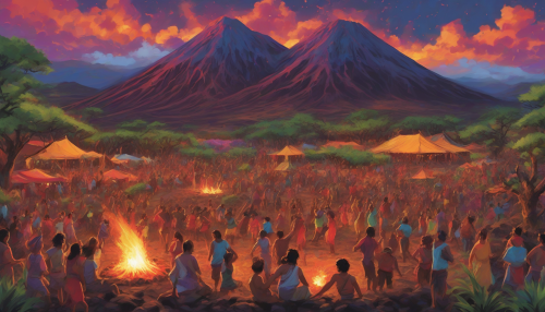 Envision a vibrant gathering amidst the striking backdrop of volcanic plains. Lush greenery contrasts with dark, rugged lava formations under a dramatic sky. Colorful banners flutter in the warm breeze as people dance joyfully around a bonfire, their laughter echoing against the stark landscape. The scene is illuminated by the glowing embers, showcasing a unity of nature's raw power and human festivity.