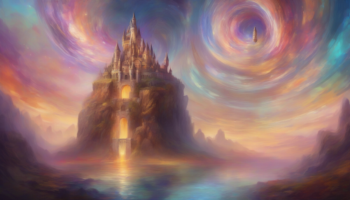 A majestic castle floats within a swirling time vortex, its grandeur accentuated by vibrant gradient hues, as if the very fabric of time has infused its ancient stones with an ethereal glow.