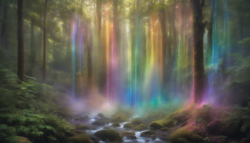 In the heart of a lush forest, Rainbow Veil Falls harmoniously blends technology and nature, as misty water droplets interact with radiant, fiber-optic strands, creating an ethereal display of color and light, surrounded by the serene songs of forest creatures.