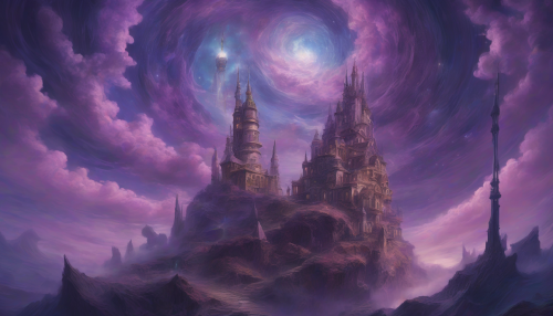 Swirling clouds of purple and blue envelop a towering observatory, its twisted spires reaching for the stars like ethereal tentacles, as if the universe itself had descended upon the earthly realm.