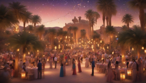 Vibrant festivities unfold beneath starry skies in a mystical desert oasis, where twinkling lanterns dance among palm trees and sweet melodies fill the air, as people come together to rejoice in an enchanting celebration of wonder.