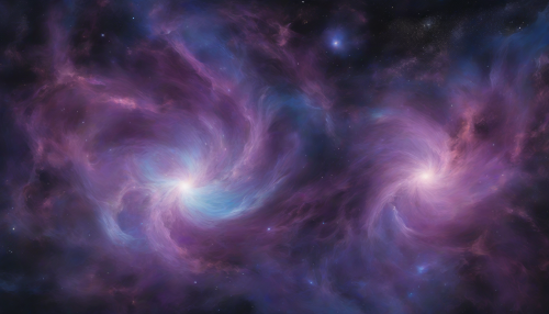 A swirling vortex of purple and blue gas, with twinkling stars and nebulae, set against a vast, inky blackness, as a massive galaxy unfurls its celestial petals, bathing the cosmos in an ethereal, otherworldly glow.