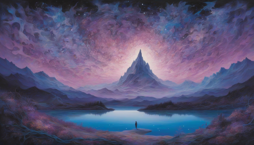 Against a surreal twilight backdrop painted in hues of dreamy purples and sombre blues, the artwork titled 'Ephemeral Echoes of the Abyss' omits a symbolic representation of the untold mystery of nature. The centerpiece, a hidden mountain lake, is depicted as a magnificent mirror, reflecting a cascade of stars falling into its infinite depth. The surrounding mountains, shrouded in ethereal mist, point towards the heavens as a symbol of reaching for the unreachable, highlighting nature's transient beauty against the constancy of the cosmos.