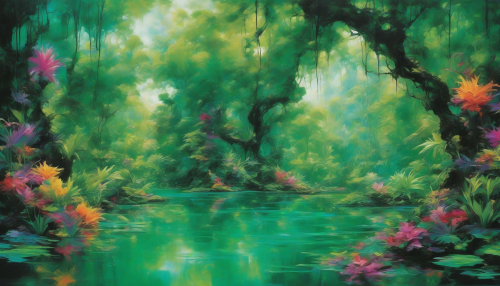 Imagine a serene, vibrant lagoon surrounded by lush emerald foliage and crystalline waters. Infuse the scene with abstract elements that distort reality and challenge perception, creating an aesthetic that feels both familiar and otherworldly. Occasional bursts of color dance on the surface, reflecting surreal shapes, while hints of shadowy figures blend seamlessly into the tranquil yet enigmatic environment.