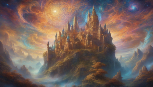 Picture a majestic castle suspended in the swirling colors of a time vortex, its spires piercing through cosmic clouds. Intricate carvings depict ancient prophecies, glowing with an otherworldly light. Ethereal beings drift through the air, whispering secrets of the universe. The scene blends elements of past and future, evoking a sense of awe and mystery in this timeless realm.