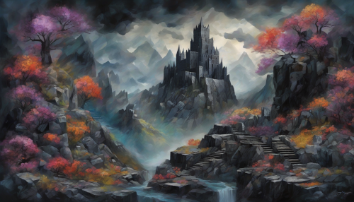 Envision a majestic fortress crafted from glistening obsidian, towering against a stormy sky. The artwork combines collage techniques, layering ancient runes, mystical landscapes, and textured elements to create depth. Surrounding the fortress are ethereal figures and vibrant flora, creating a contrast between the dark stone and the vivid colors, evoking a sense of magical realism and timelessness.