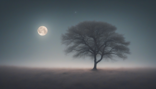 A serene, minimalist photography capture of a lone tree under a full moon, with gentle shadows dancing across the tranquil forest floor, and a soft, ethereal glow illuminating the surroundings, evoking a sense of peacefulness and solitude.