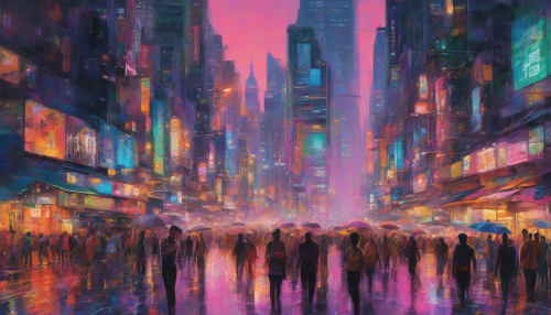 A bustling metropolis at dusk, with neon lights reflecting off wet pavement, towering skyscrapers, and crowded streets filled with people from diverse backgrounds, capturing the vibrant energy and dynamic rhythm of urban life.