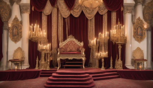 A majestic, ornate throne sits atop a velvet-draped dais, surrounded by regal tapestries and flickering candelabras, evoking the splendor of a medieval king's court, with intricate carvings and polished gold accents that shimmer in the soft, warm light.