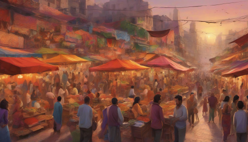 A bustling street scene filled with colorful stalls, exotic spices, and lively vendors, set against a warm sunset backdrop with people from diverse cultures interacting and laughing together, surrounded by intricate textiles and enticing street food.