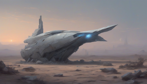 Envision a vast, desolate landscape under a twilight sky, where a lone, abandoned starship rests silently on cracked earth. Its sleek, minimalistic design is accentuated by the fading light, with a muted color palette of grays and soft blues. Sparse vegetation peeks through the surrounding rubble, adding a hint of resilience amidst the emptiness, evoking a haunting sense of solitude.